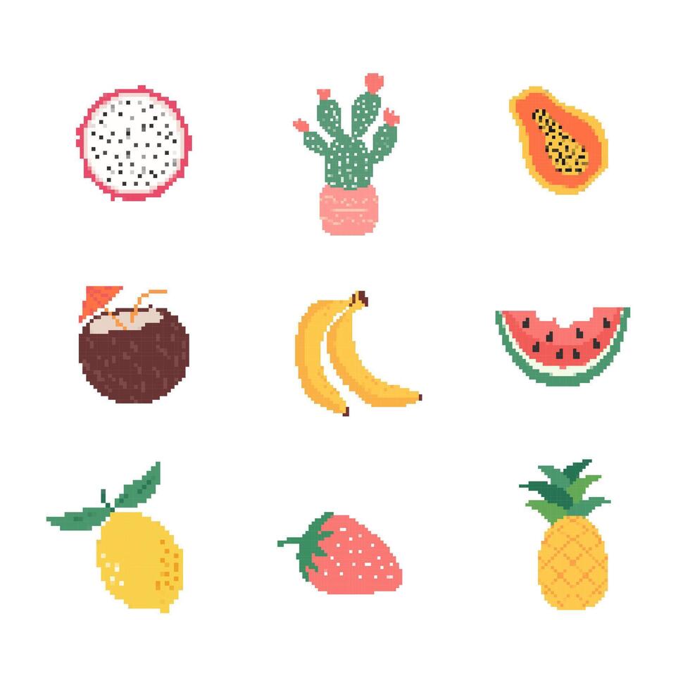 pixel art fruit collection. banana, limondragon fruit, et. vector