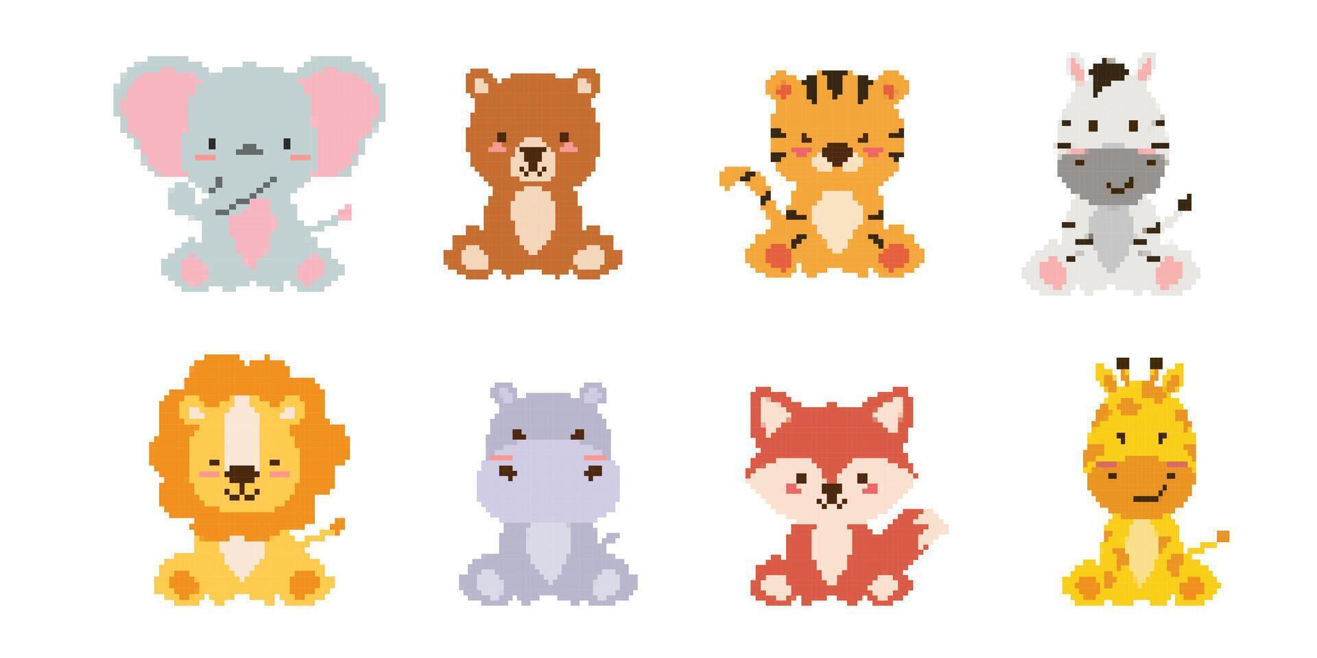 Pixel art animals icons Collection. 8 bit retro style illustration set of tiger, bear, fox, hippo giraffe,zebra,lion, elephant. Best for mobile game design, decoration, stickers. vector