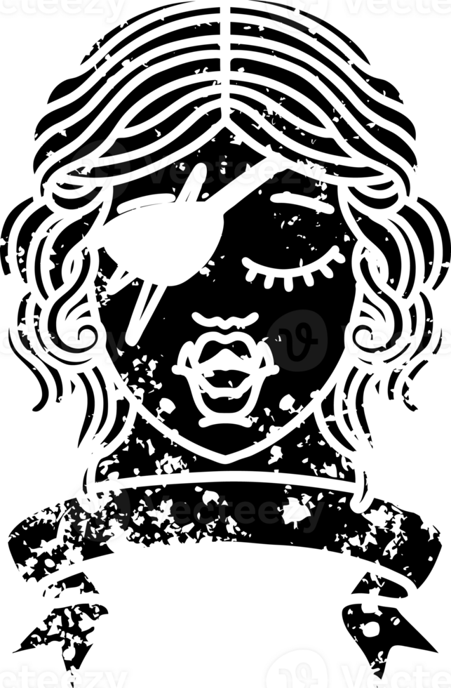 Black and White Tattoo linework Style orc rogue character face with banner distressed icon png