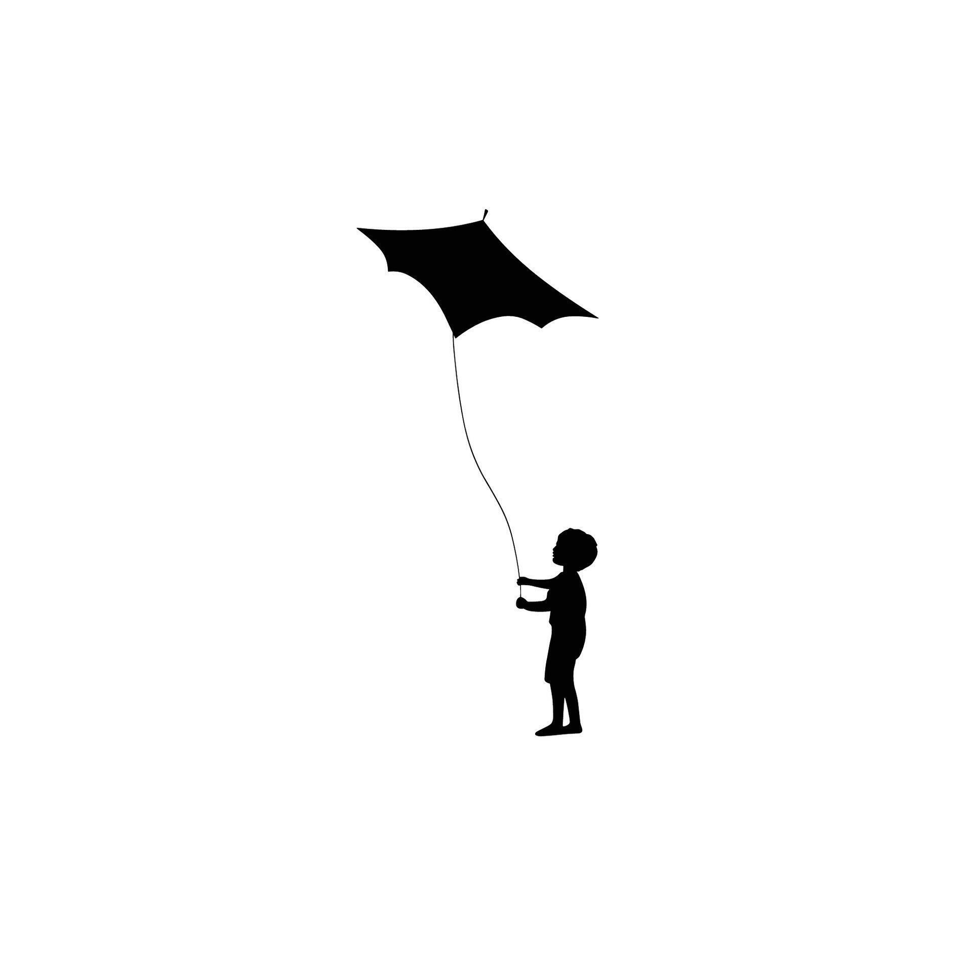 A child flies a kite black silhouettes isolated on white background
