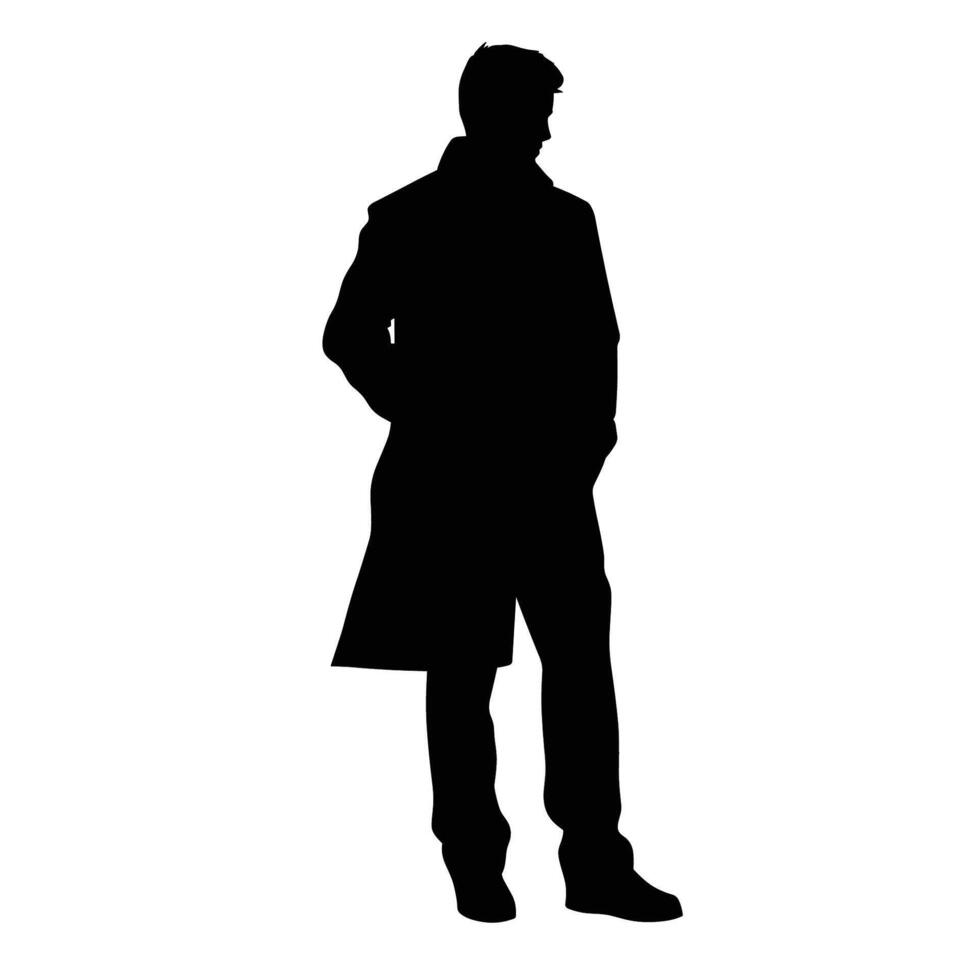 Casual Man in Trench Coat Standing Silhouette vector