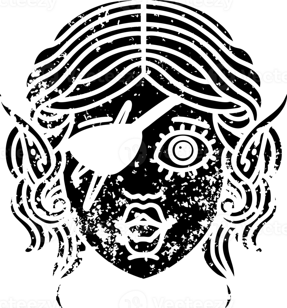 Black and White Tattoo linework Style elf rogue character face distressed icon png
