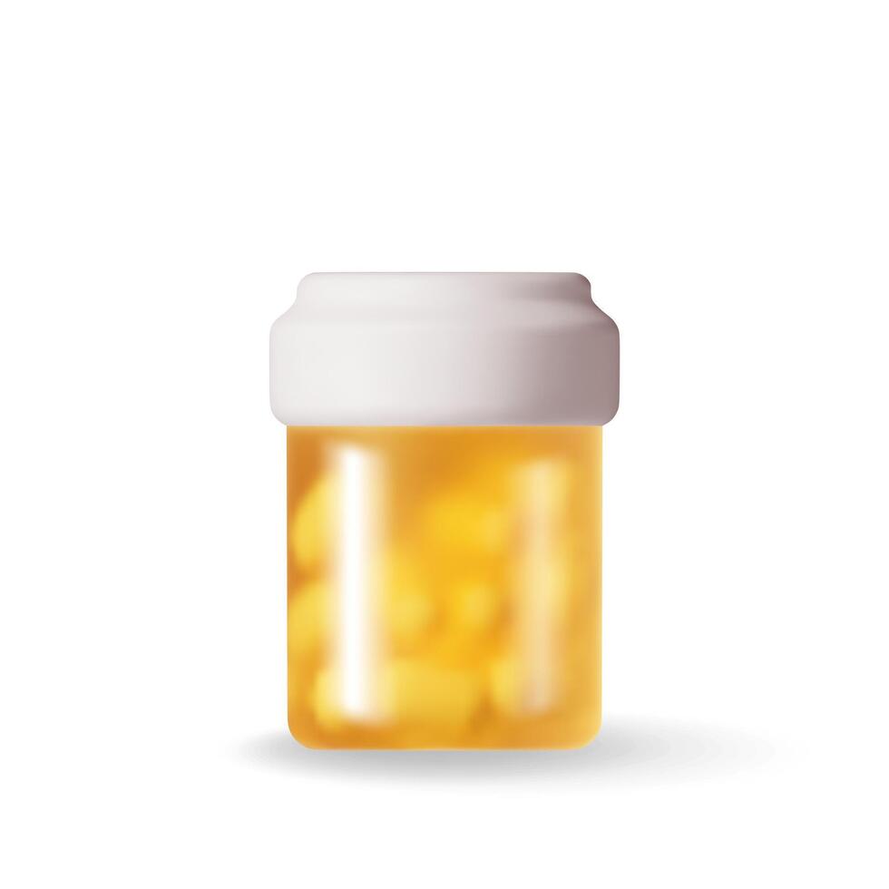 3D glass bottle full of pills. Render medicine package for pills, capsule, drugs. Box for illness and pain treatment. Medical drug, vitamin, antibiotic. Healthcare pharmacy. vector