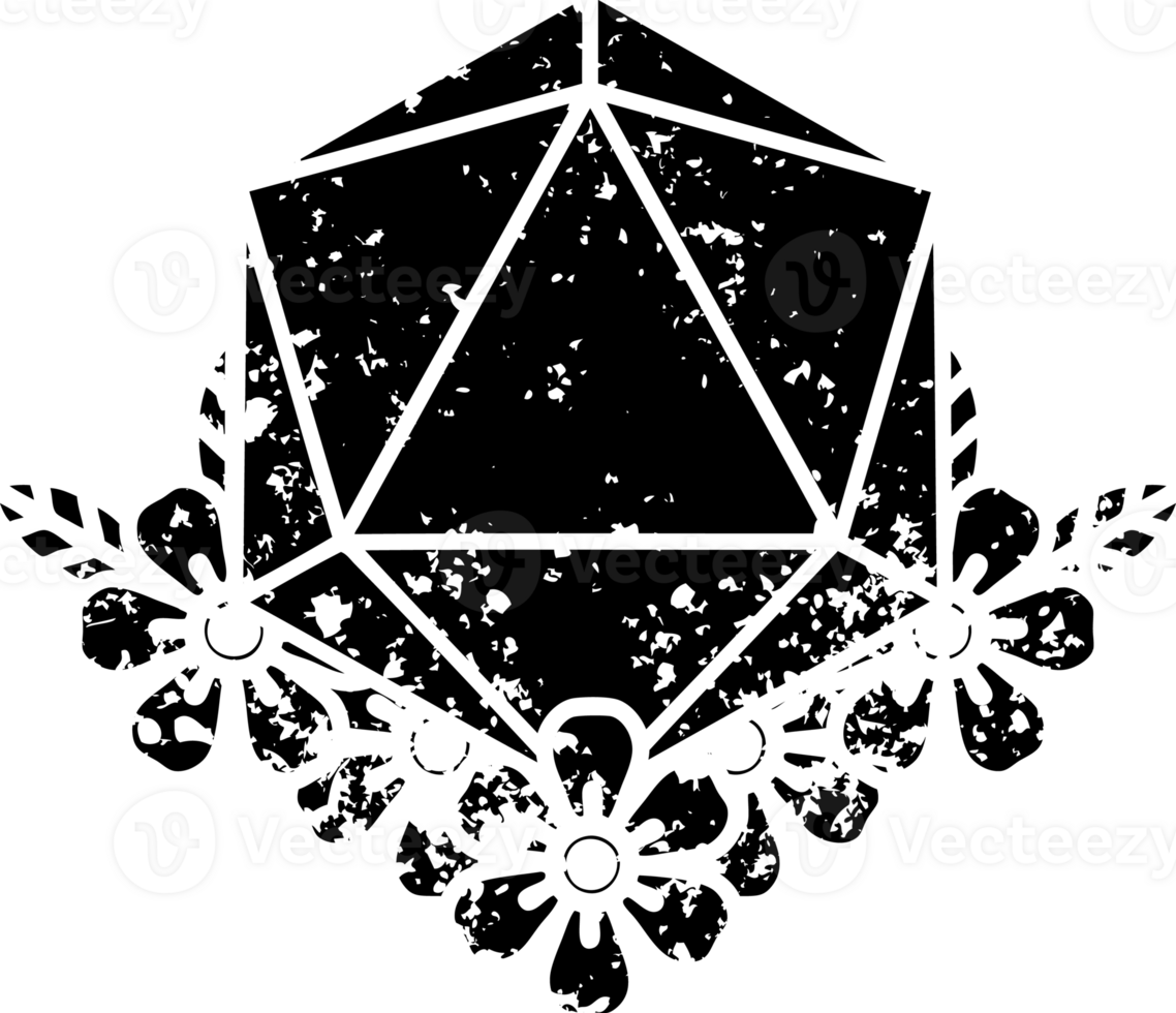Black and White Tattoo linework Style natural 20 D20 dice roll with floral elements distressed icon png