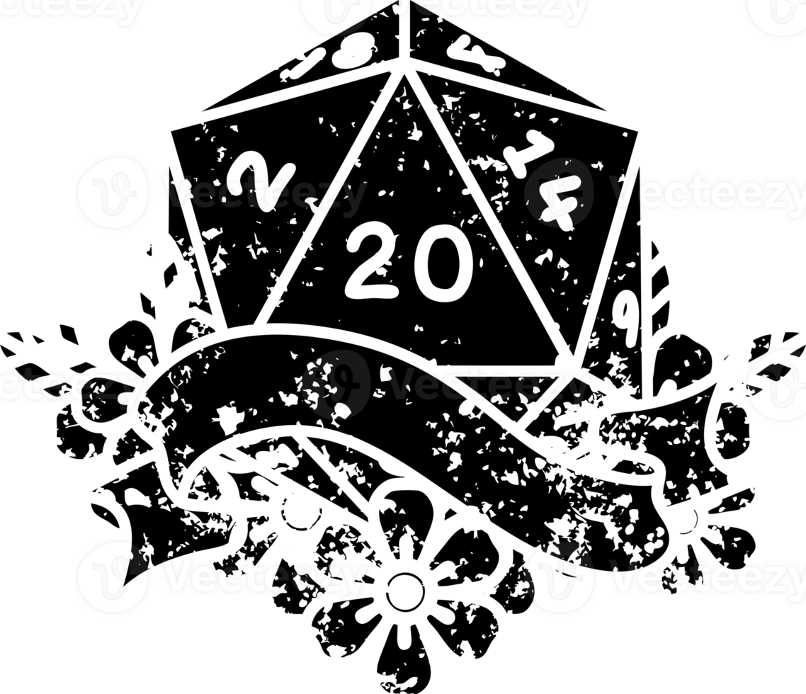 Black and White Tattoo linework Style natural twenty D20 dice roll distressed icon png