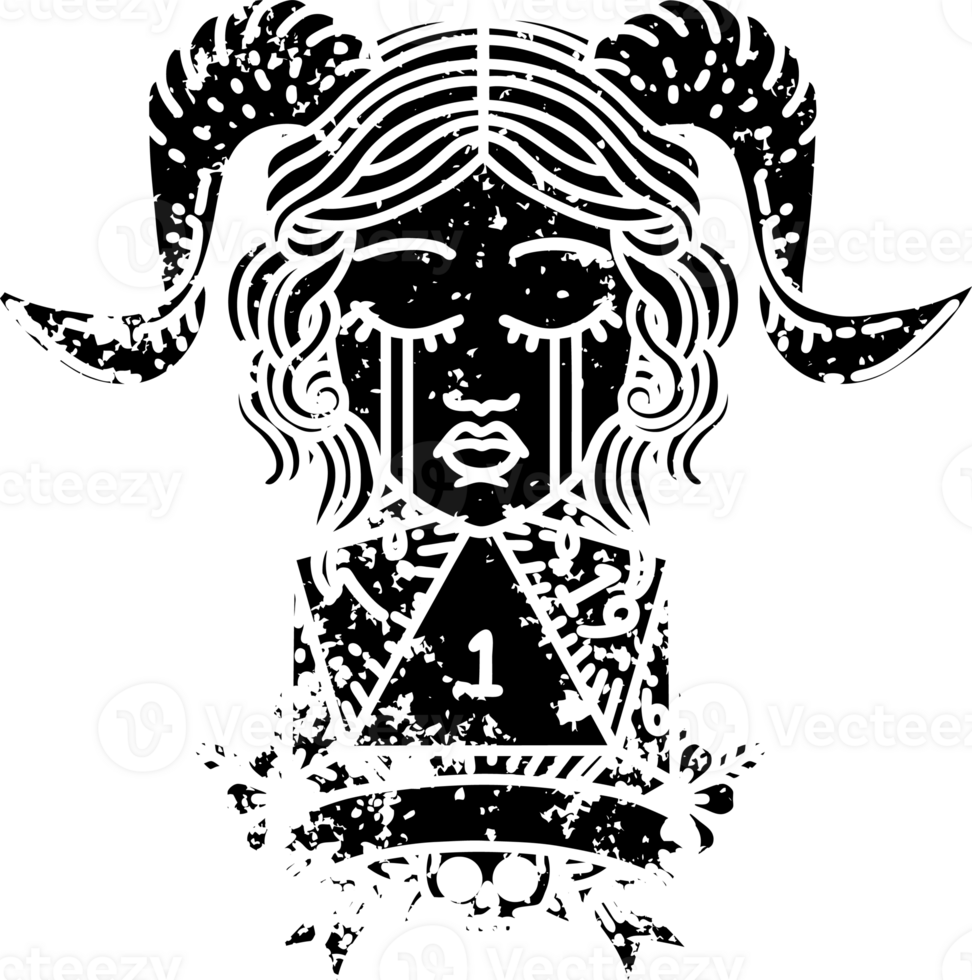 Black and White Tattoo linework Style crying tiefling face with natural 1 D20 Dice distressed icon png