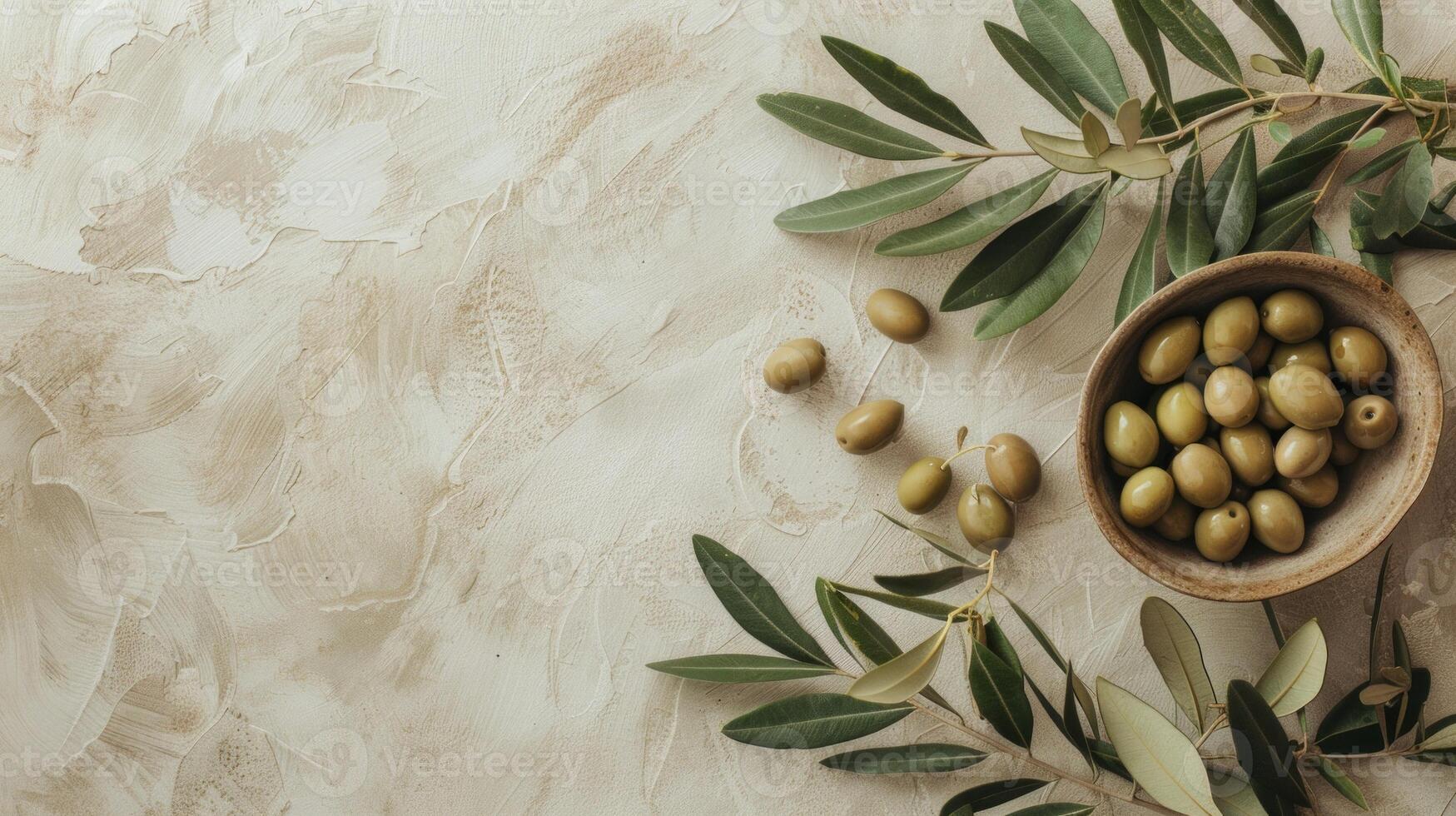 Branches with olives background, Boho composition top view photo