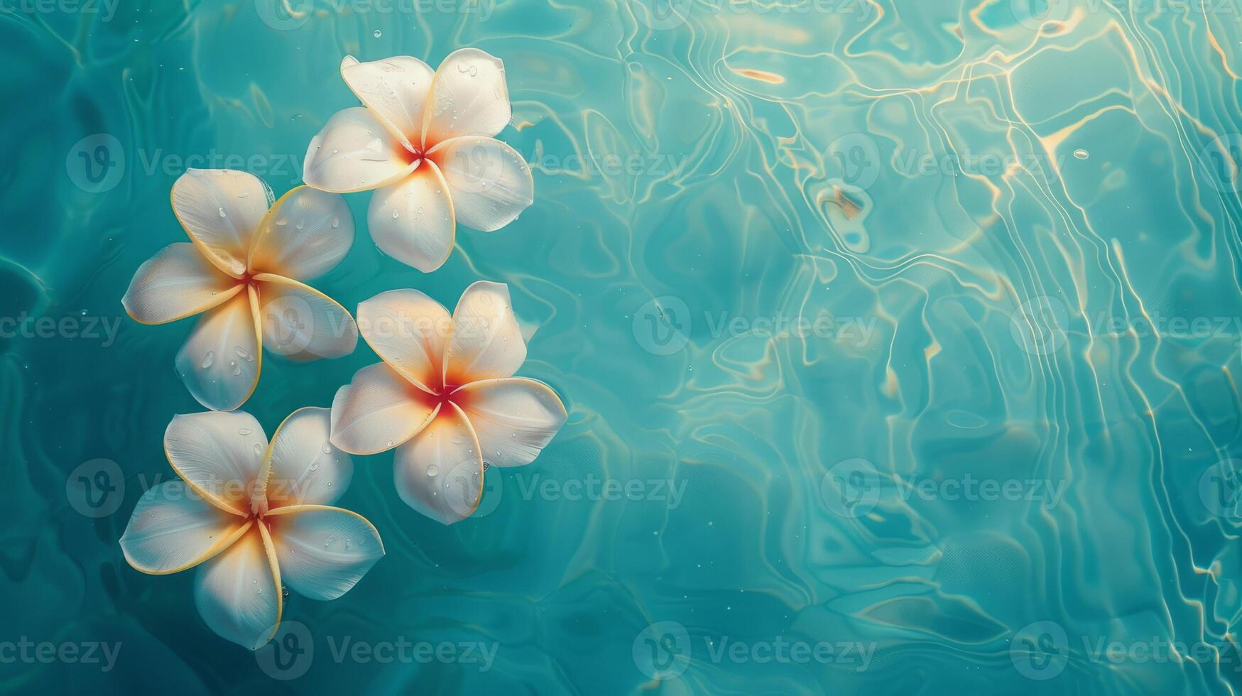 Tropical flowers in a top view floating over a background of blue water photo