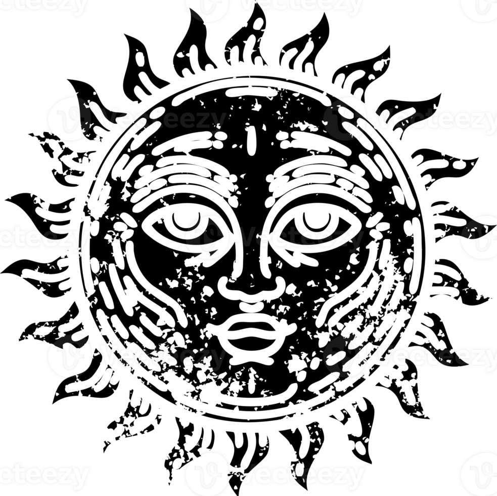 tattoo in black line style of a sun with face distressed icon png