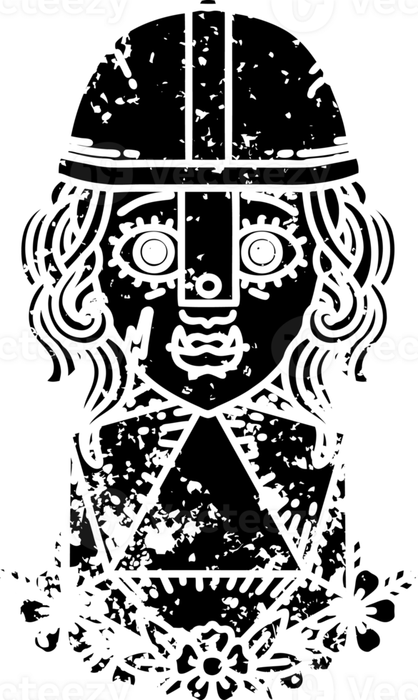 Black and White Tattoo linework Style half orc fighter character with natural twenty dice roll distressed icon png