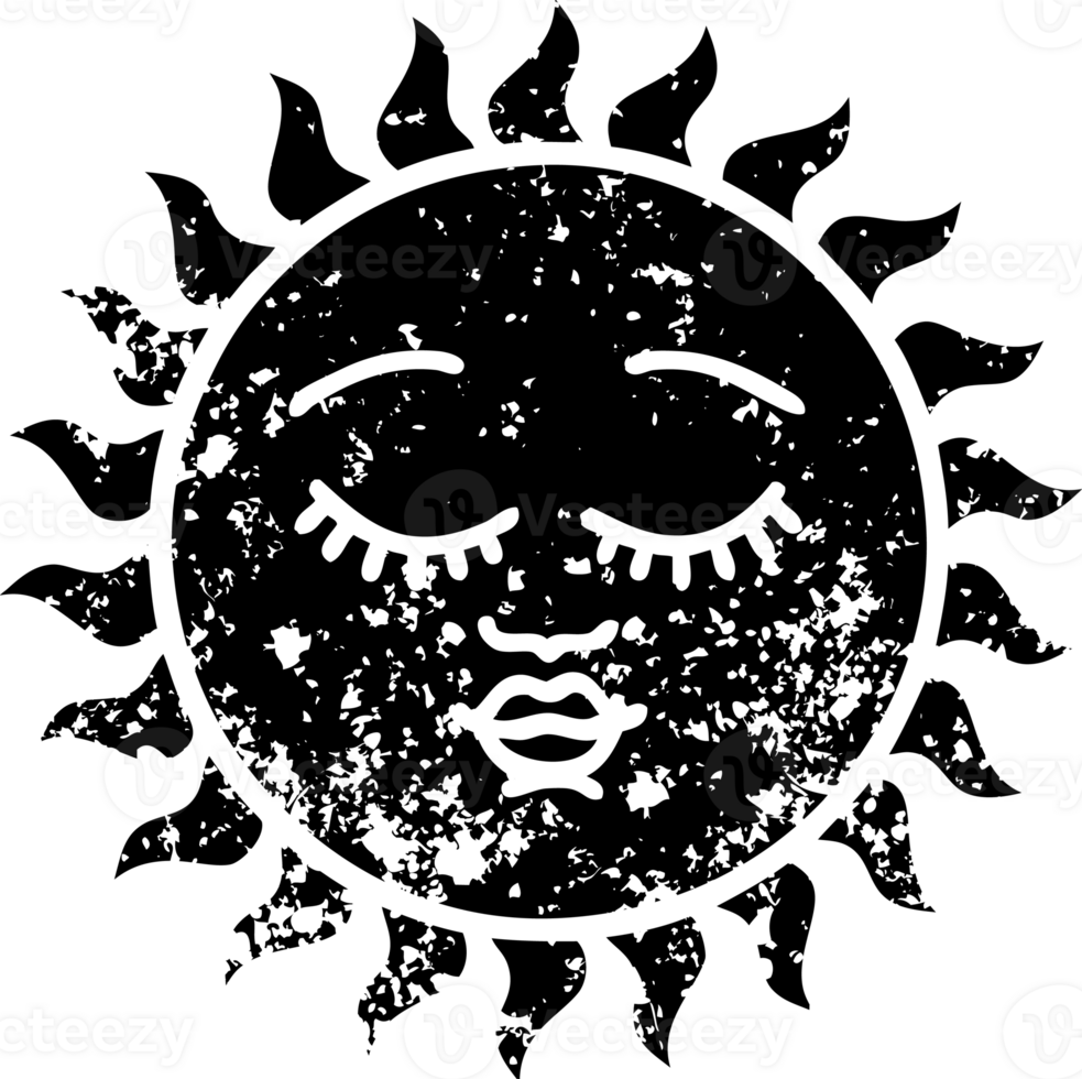 tattoo in black line style of a sun with face distressed icon png