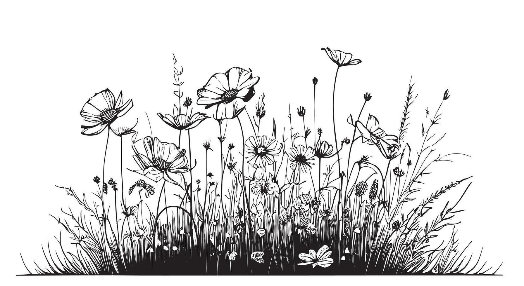 Field of wild flowers sketch , hand drawn in doodle style illustration vector