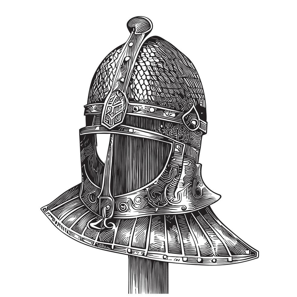 Knight helmet medieval sketch hand drawn Middle Ages illustration vector