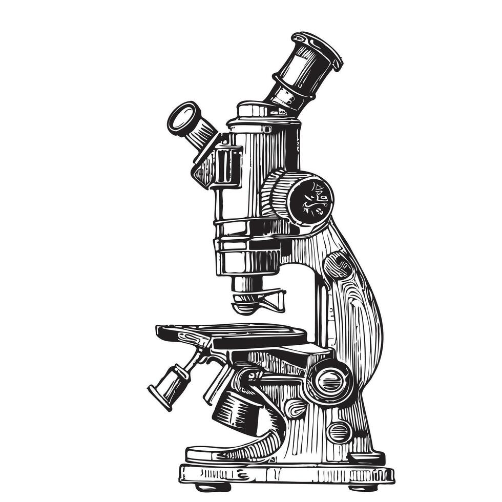 Science microscope retro hand drawn sketch illustration. Science and medicine vector