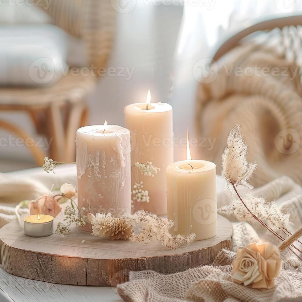 Decorative candles on a work table, boho style photo