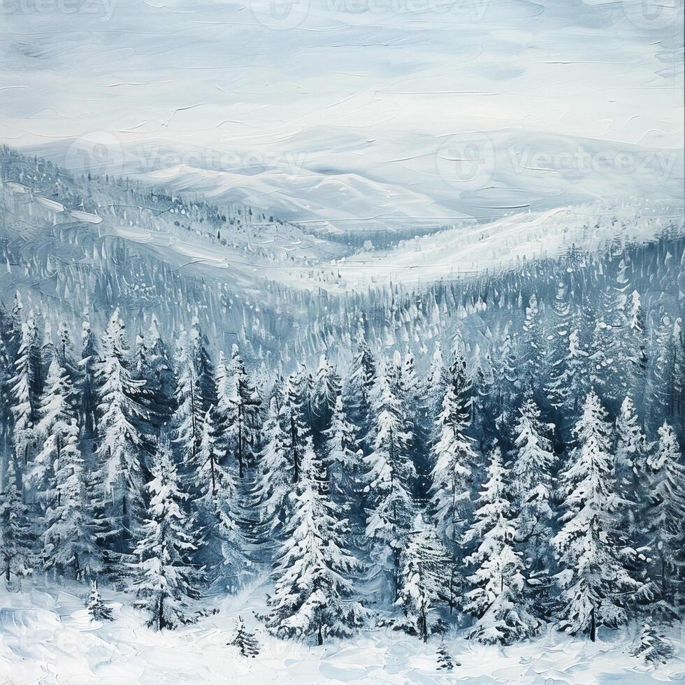 Beautiful winter landscape, snow and fir trees, realistic photo