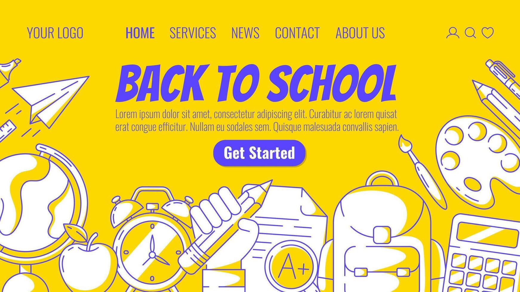 School supplies website template. Globe, backpack with stationery, paper airplane, calculator, alarm clock, pencil in hand, paints. For web, landing page. Yellow background vector