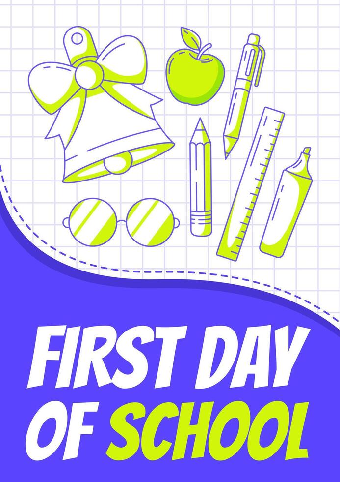 School bell, glasses, pen, stationery and apple. Back to school, education, learning concept. Minimalist poster, a4 format. For banner, cover, web. Checkered background vector
