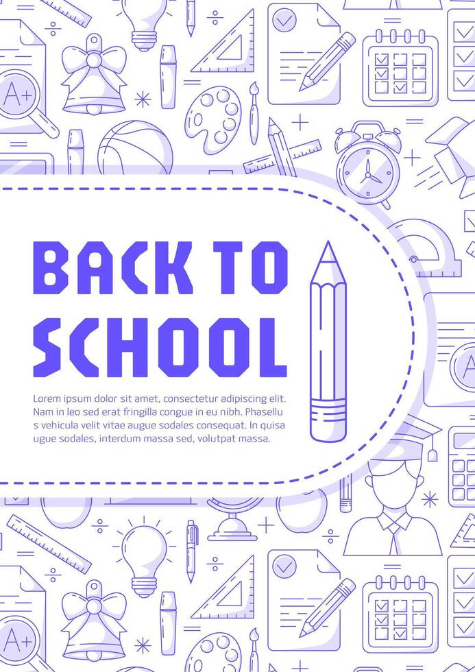 Back to school poster, blue modern minimalist design with school supplies line pattern. Education, learning, knowledge concept. a4 format. For banner, cover, web, flyer, business vector