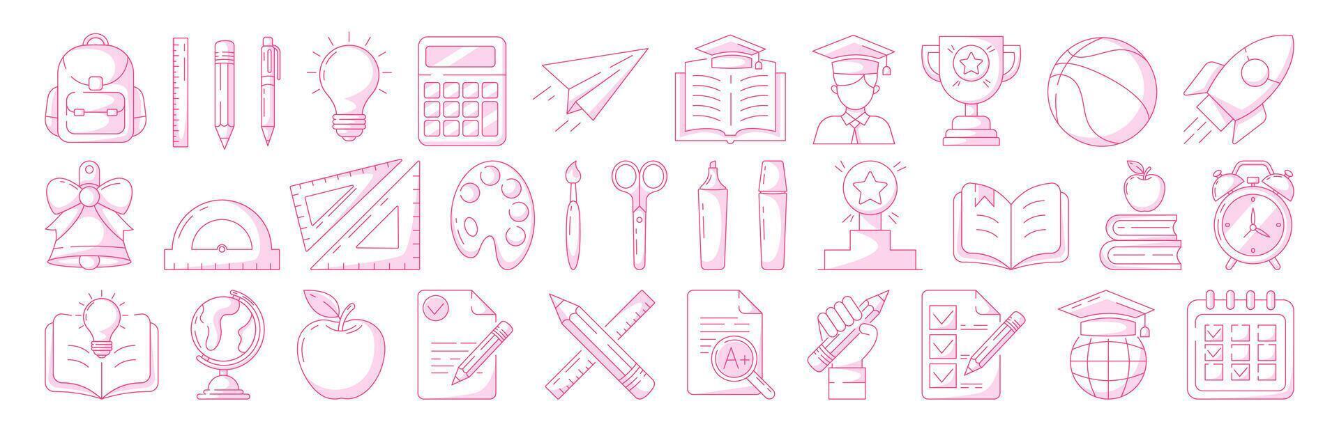 School and education, line icon set, editable stroke, color. Back to school concept, symbols of knowledge, learning, study, task list, stationery, backpack. For web, mobile app, social media vector