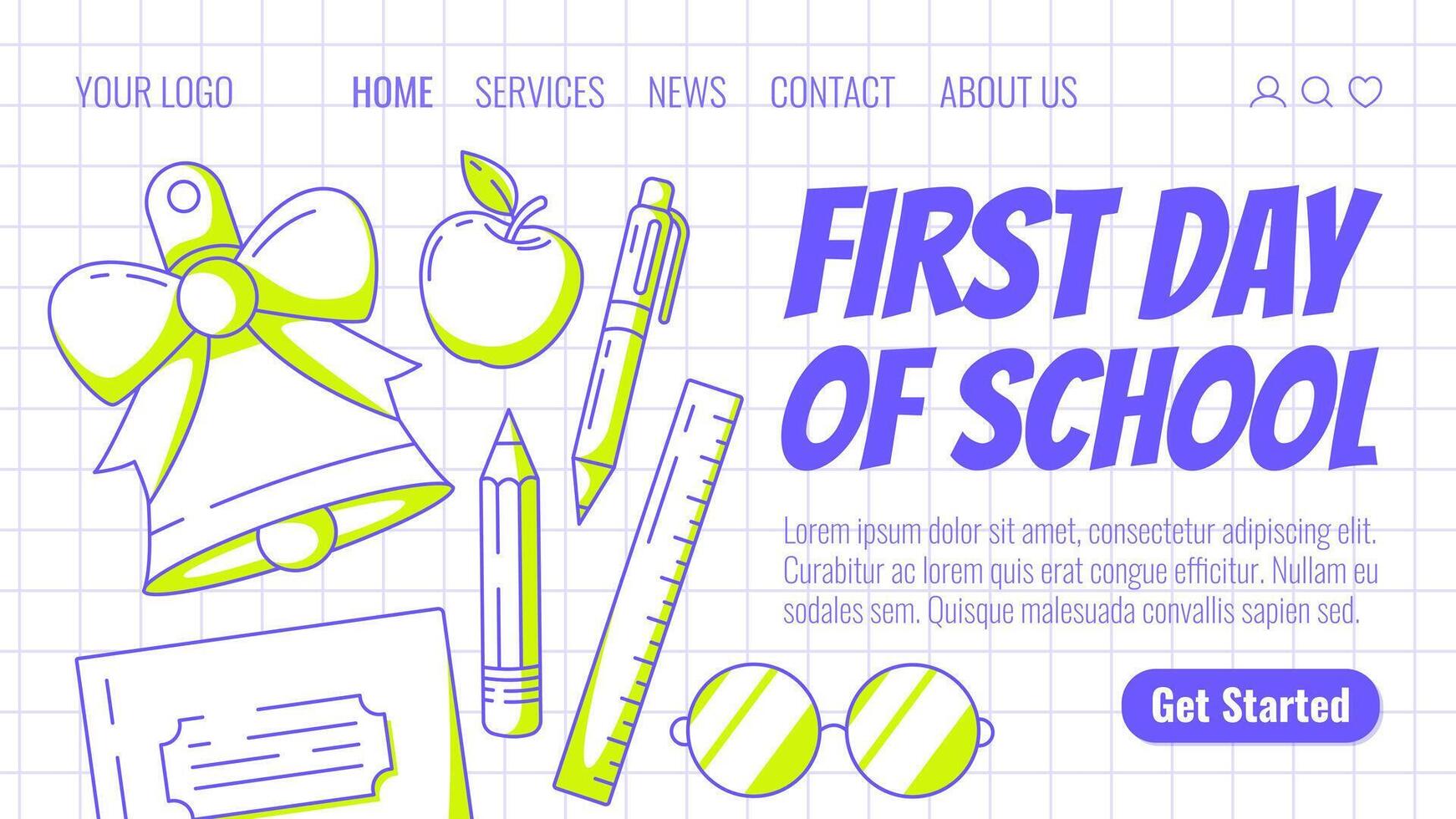 School bell, notebook with glasses, pen, pencil, ruler and apple. Back to school, education, learning concept. Modern template for banner, poster, landing page, website. Checkered background vector