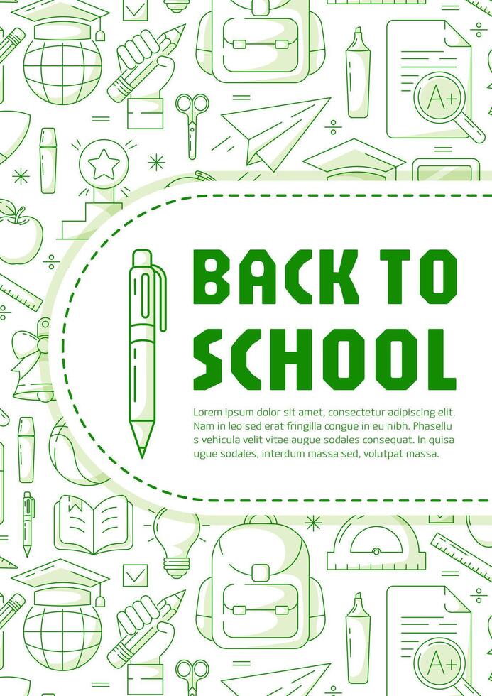 Back to school poster, green modern minimalist design with school supplies line pattern. Education, learning, knowledge concept. a4 format. For banner, cover, web, flyer, business vector