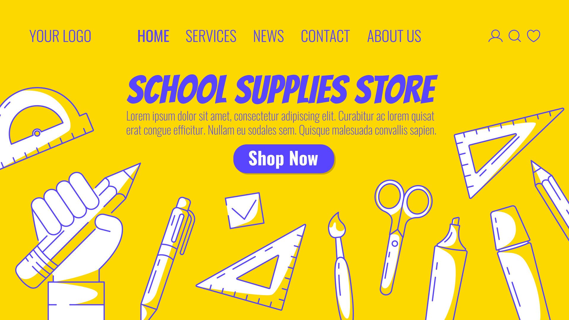 School supplies store, website template. pencil in hand, triangle