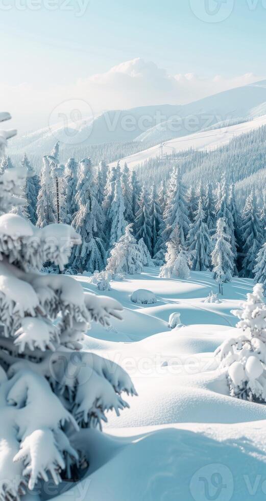 Beautiful winter landscape, snow and fir trees, realistic photo