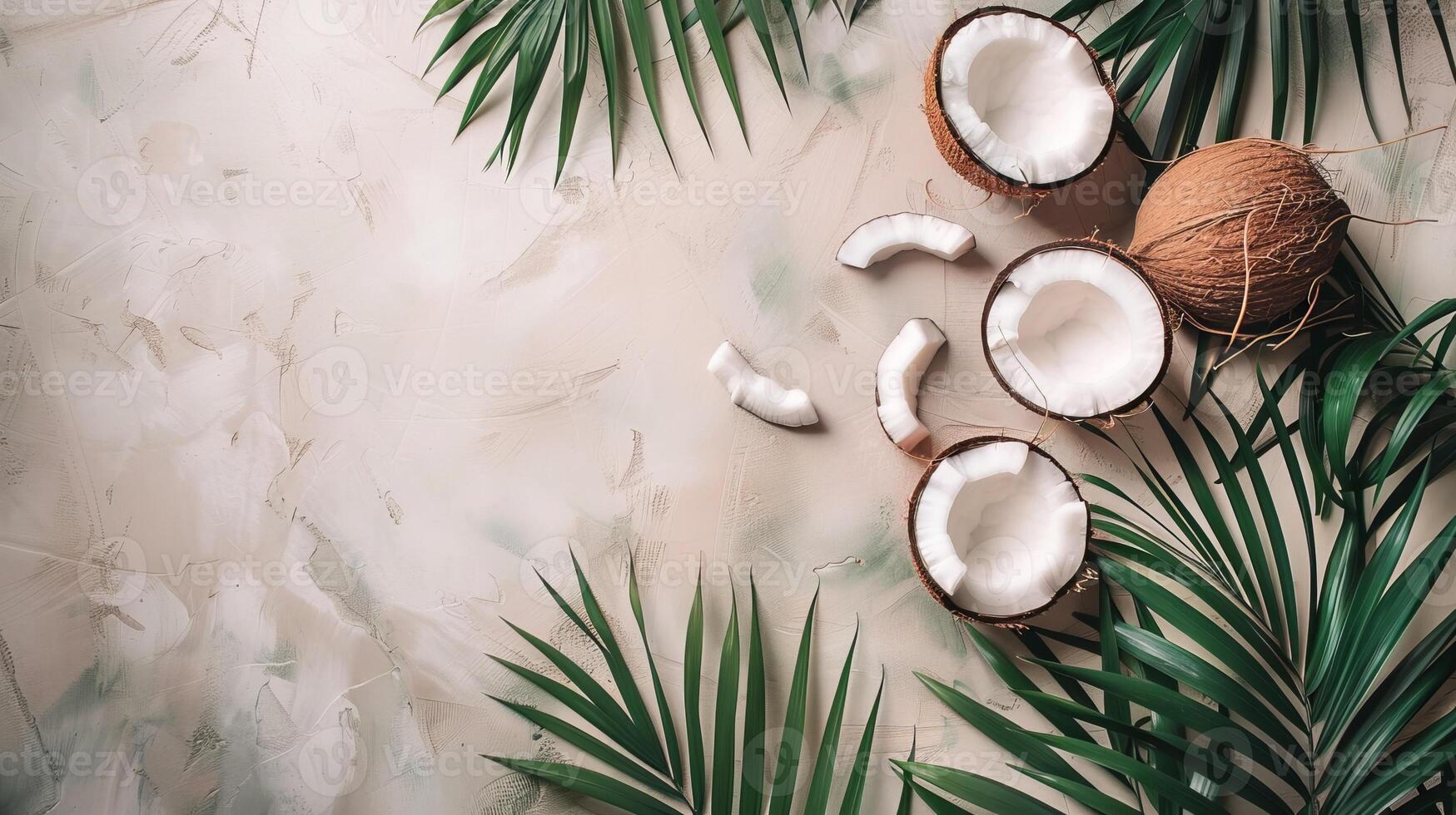Coconuts and tropical palm leaves, overlay shadow. Summer top view photo