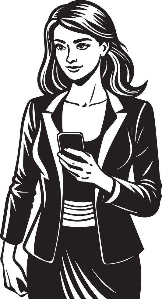a woman is holding a phone and looking at her phone. vector