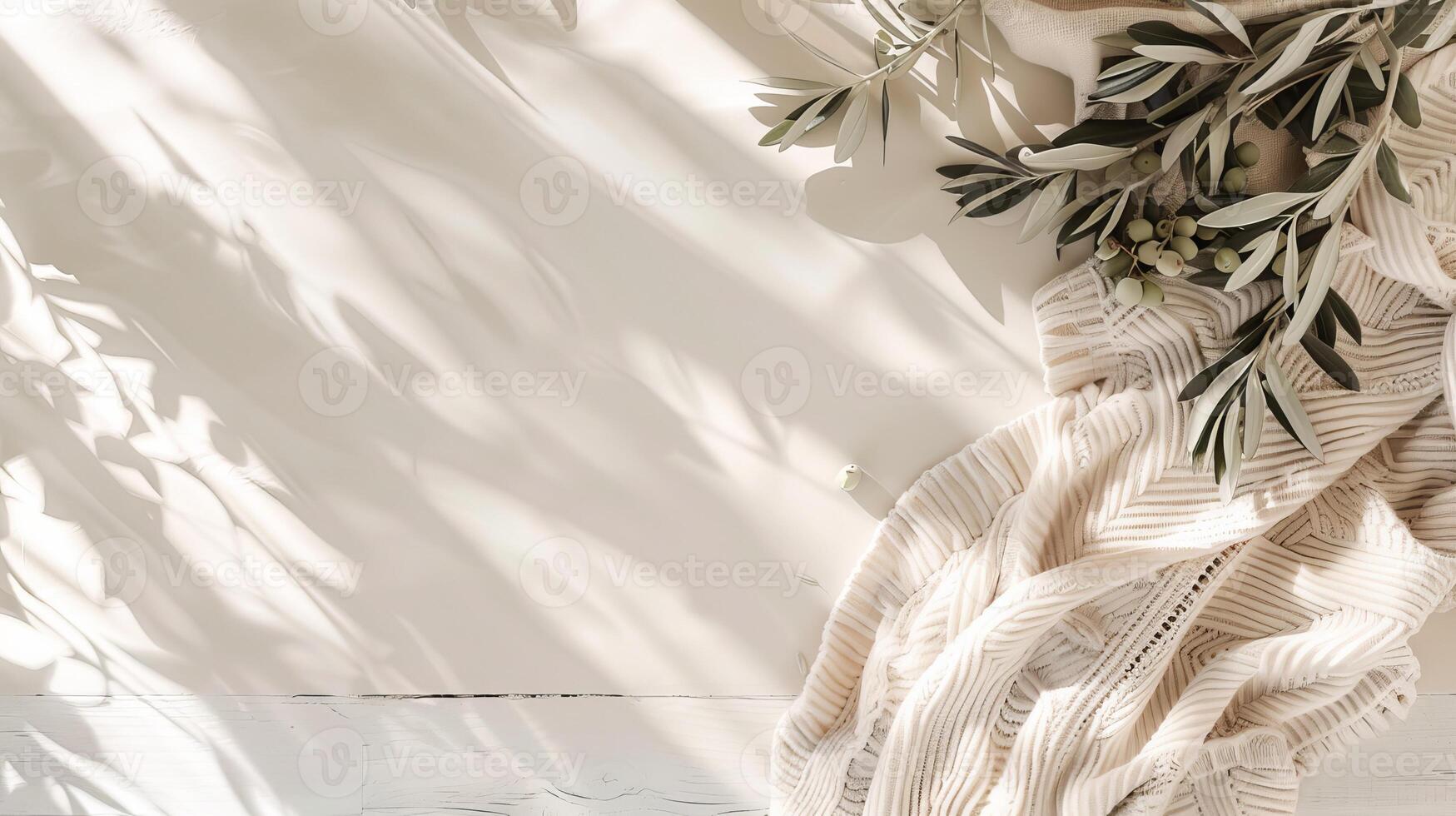 Branches with olives background, Boho composition top view photo