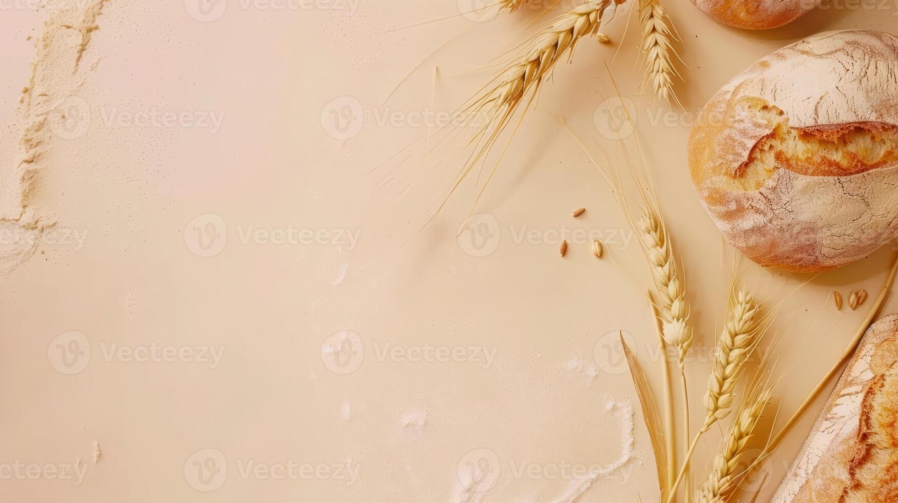 Top view background with a variety of bakery products and bread photo
