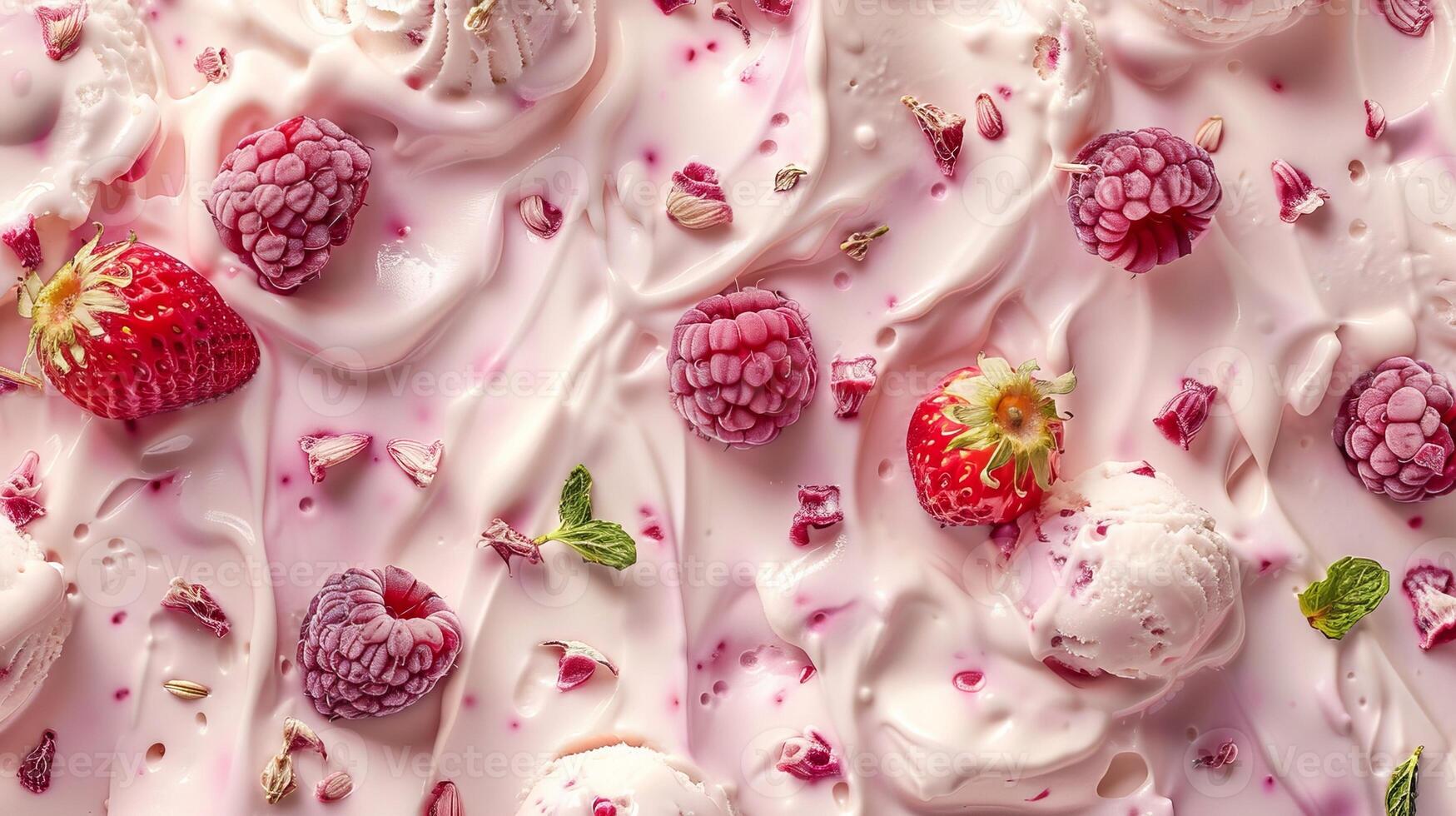 Yogurt ice cream with fruits, creme texture, top view photo