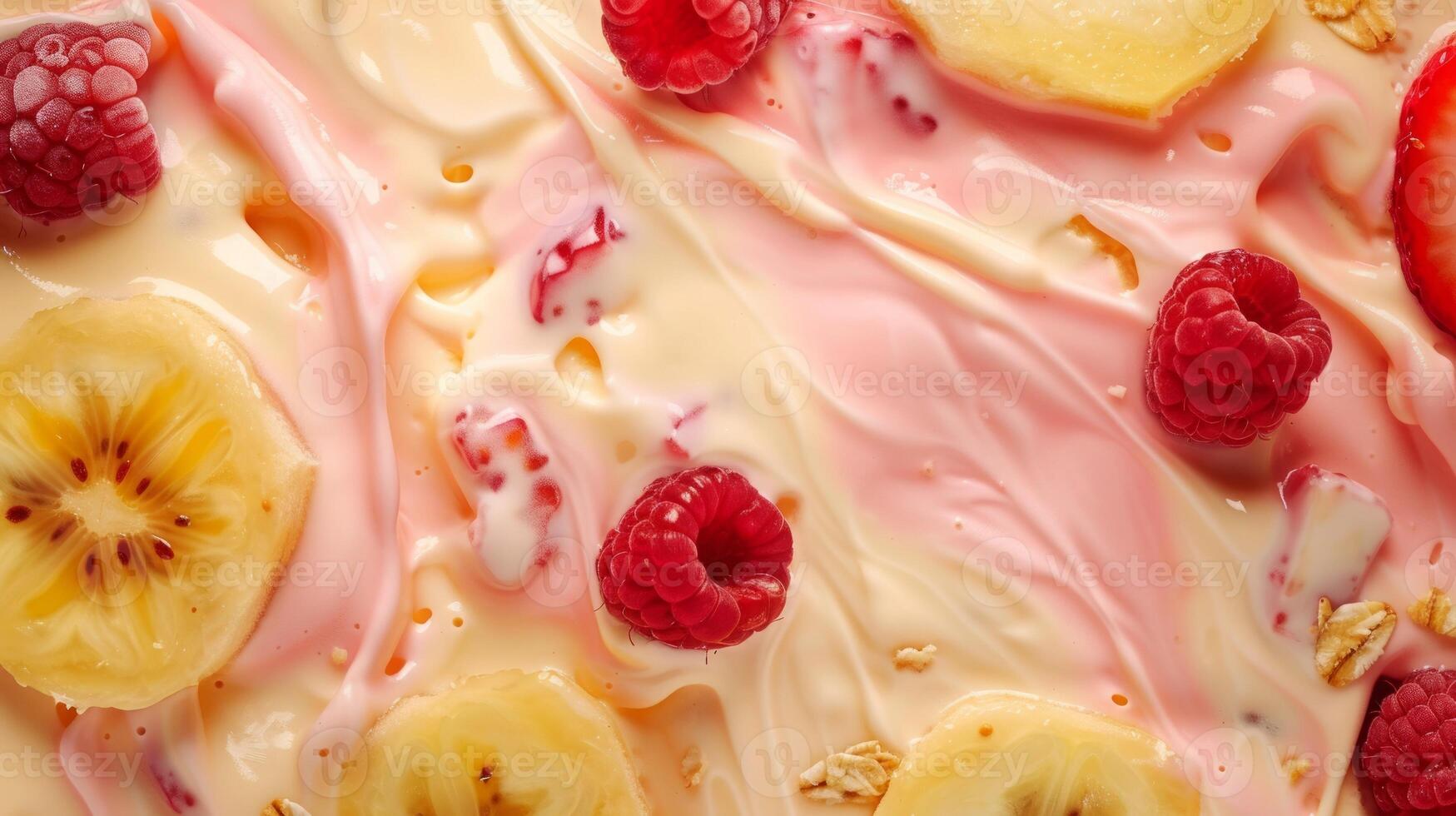 Yogurt ice cream with fruits, creme texture, top view photo