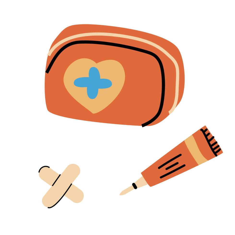 First aid for trip set elements, cream and band and case vector