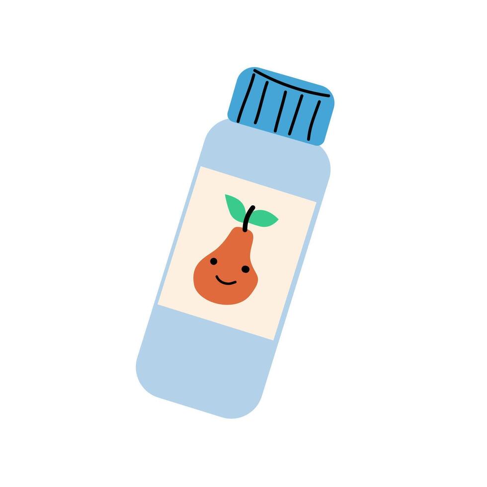 Hand drawn drink bottle with juice and pear label. Naive style vector