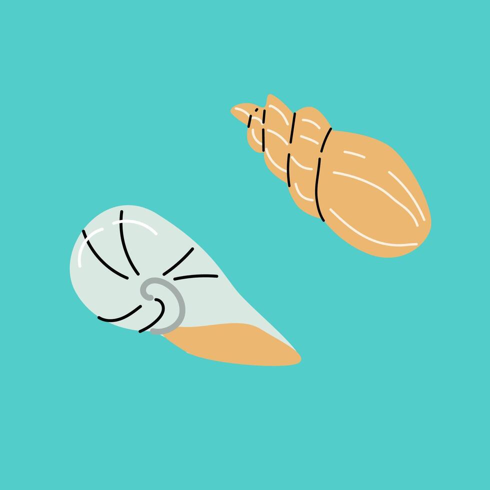 Set of seashells on blue background. Flat cartoon illustration. vector