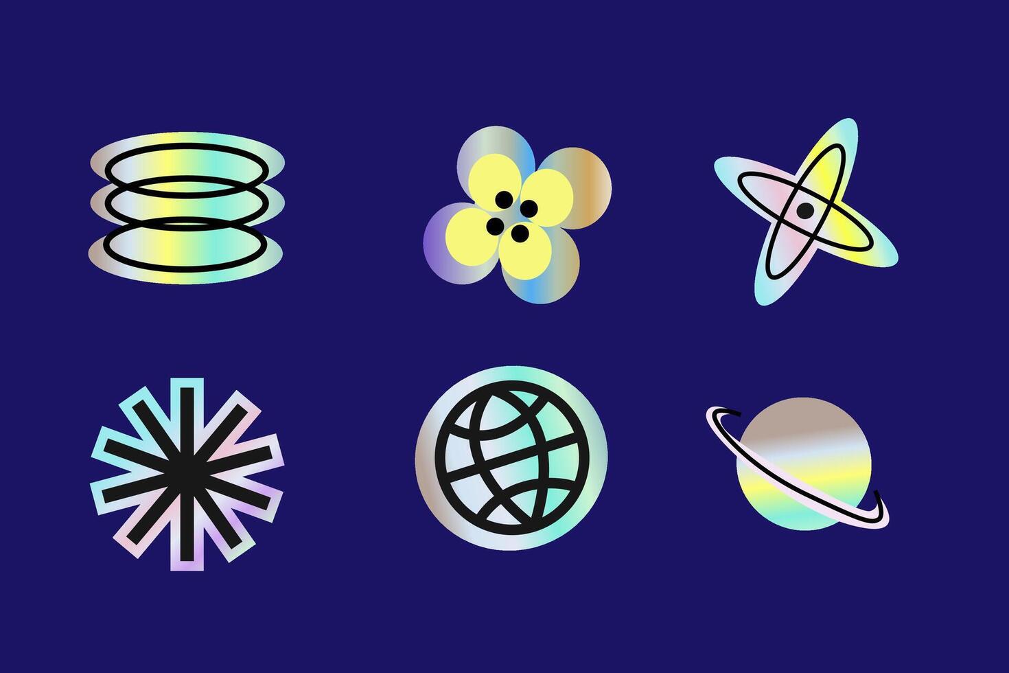y2k elements set with gradient, hologram stickers in futuristic retro style vector