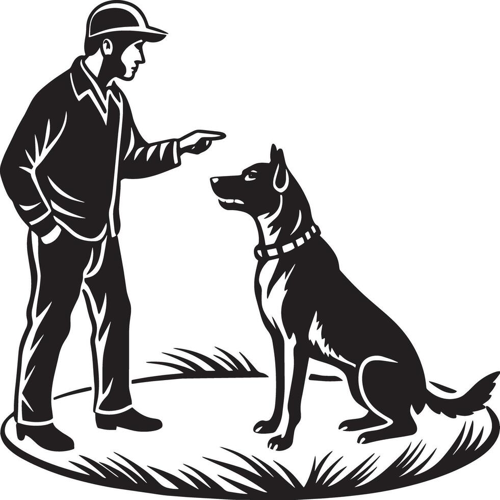 silueta de un persona con un perro aislado en blanco fondo vector