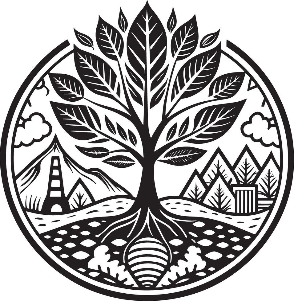 ecology and environment logo black and white illustration vector