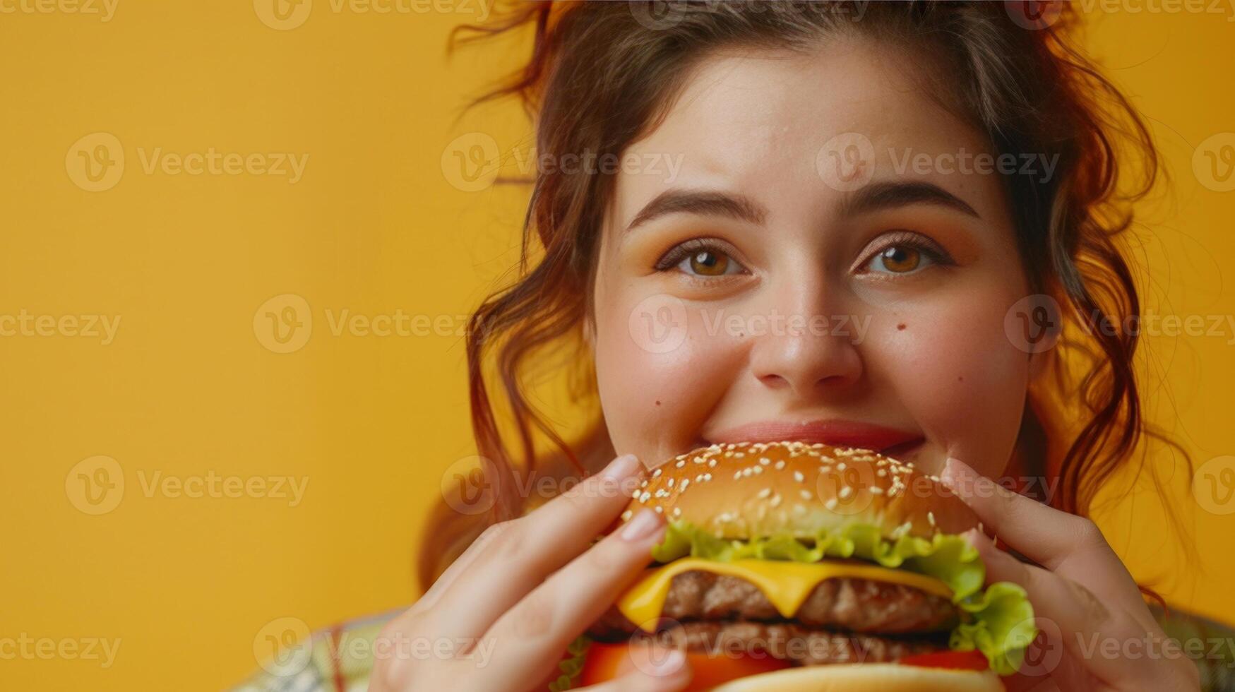 A woman eats a hamburger, unhealthy food, isolated background photo