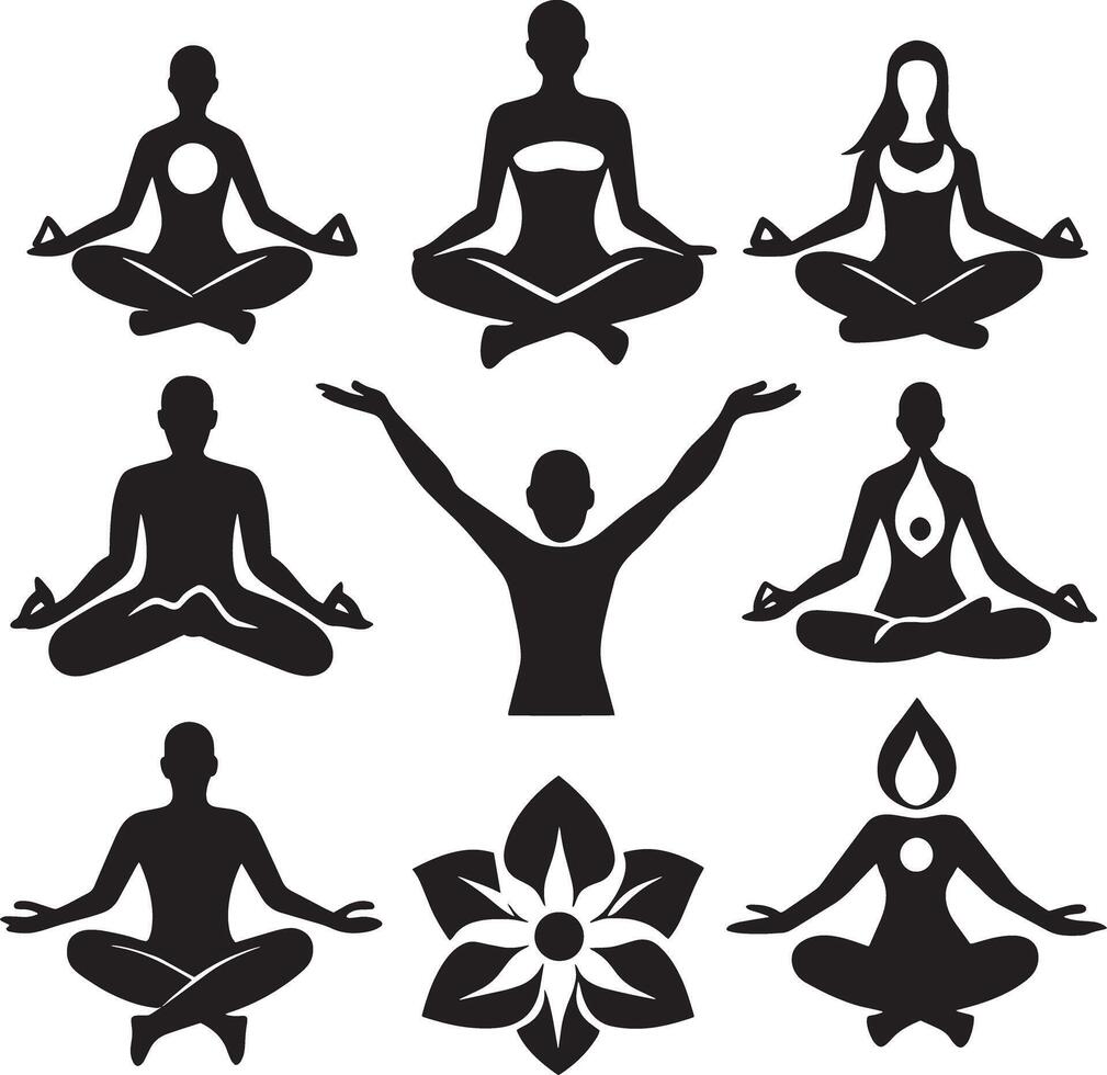 set of yoga silhouettes illustration on white background vector