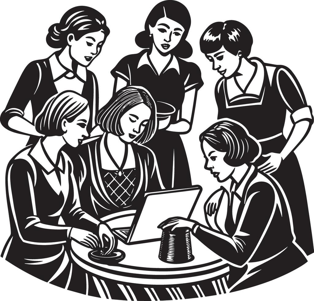 a black and white drawing of women working in laptop vector