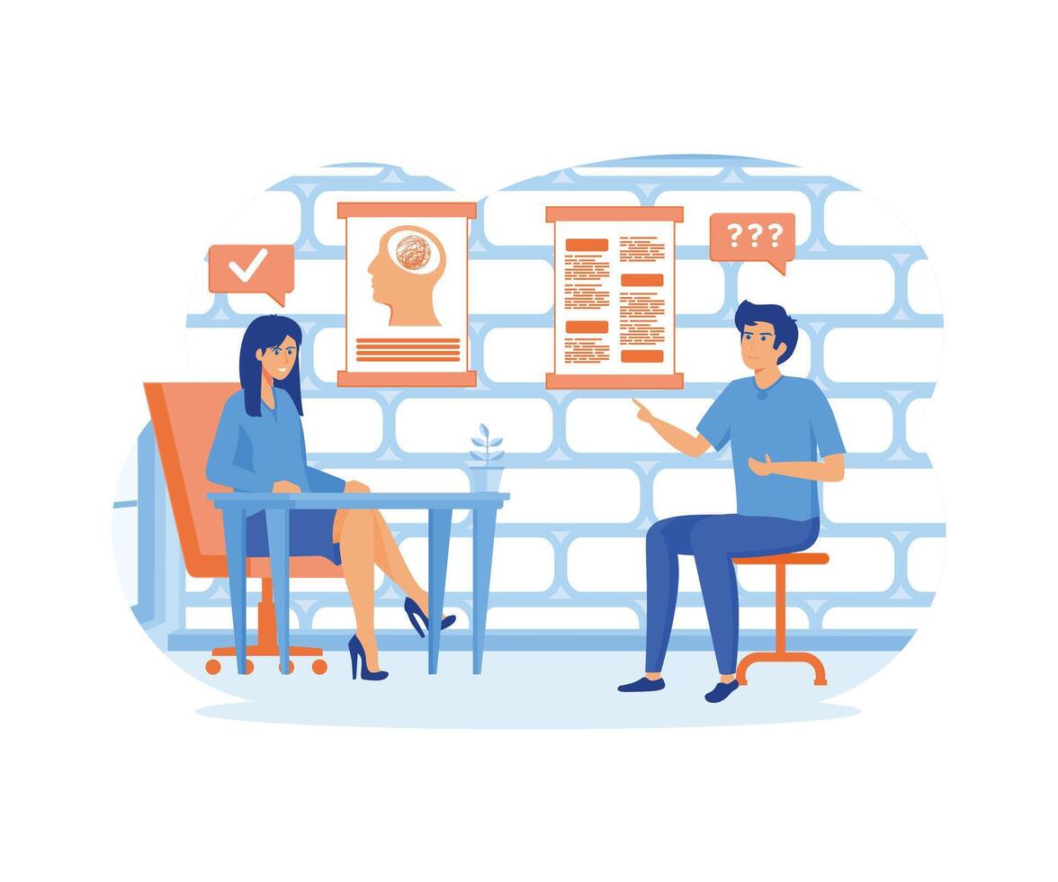 Male character at psychotherapist appointment. Psychologist talking to patient in cabinet. Health care, neurology and treatment concept. flat modern illustration vector