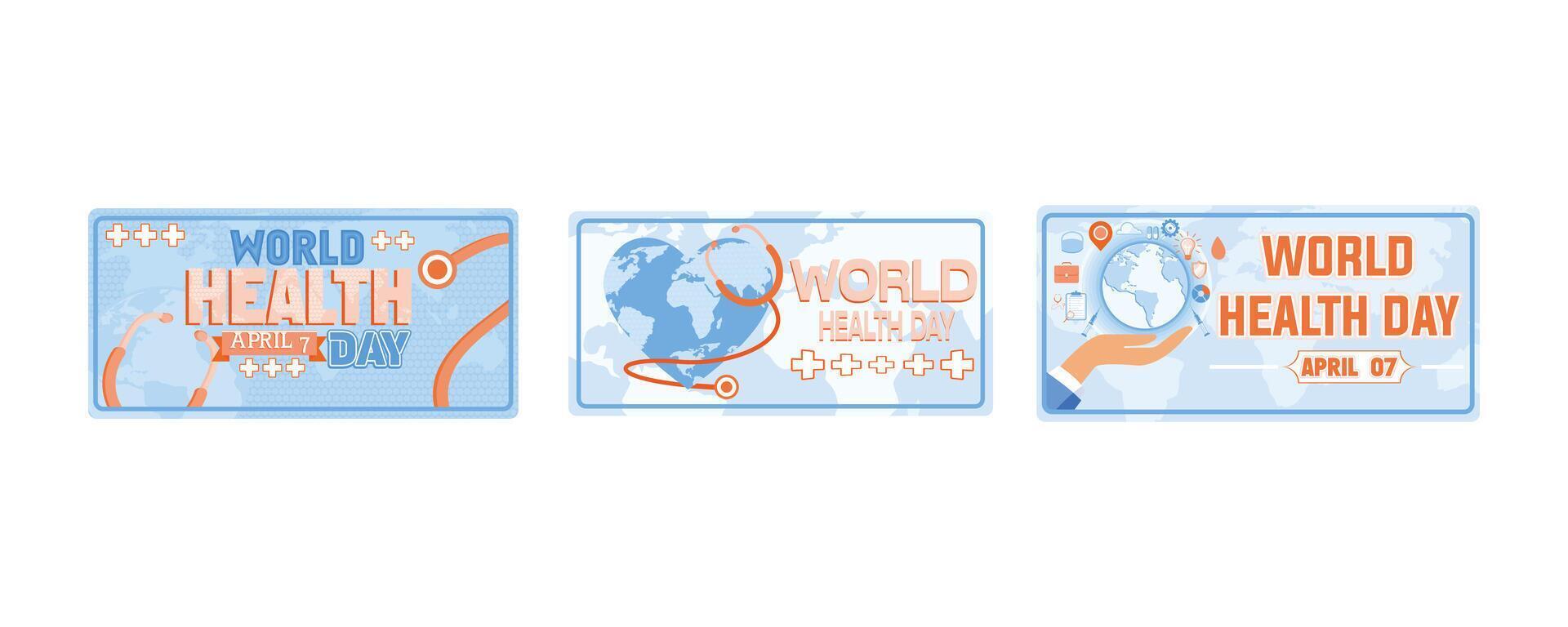 World Health Day. World health day lettering with earth heart and stethoscope. World Health Day is a global health awareness day celebrated every year on 7th April. Set flat modern illustration vector