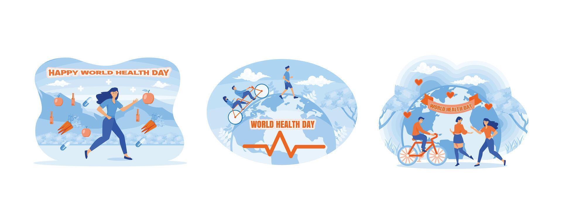 World health day with running girl. Woman doing Healthy lifestyle for world health day concept. World Health Day concept with people exercising healthy lifestyle. Set flat modern illustration vector