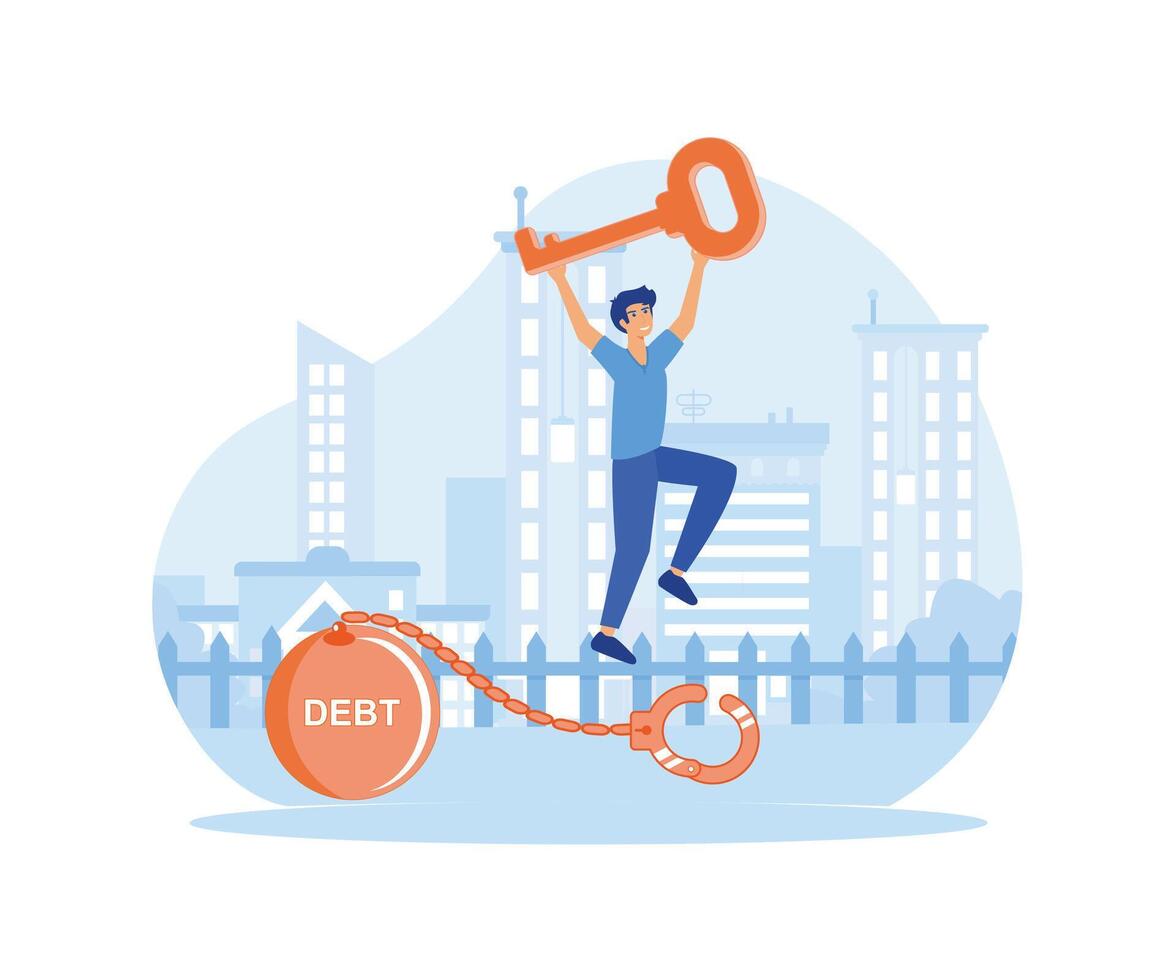 Debt free or freedom for pay off debts, loan or mortgage, savings or investment to break free, happy businessman holding golden key after unlock debt burden chain. flat modern illustration vector