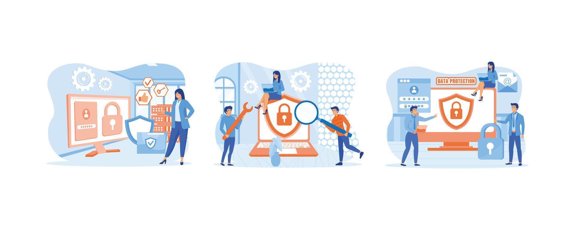 Privacy Data Protection in Internet, Virtual Private Network Concept. Personal id data file protection concept. Data security and privacy and internet security. Set flat modern illustration vector