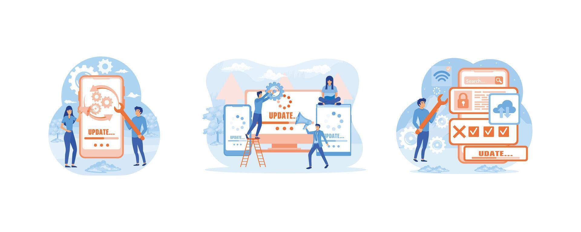 Software update people for mobile app design. Update software mini people work with upgrade system. Operating system concept. Set flat modern illustration vector