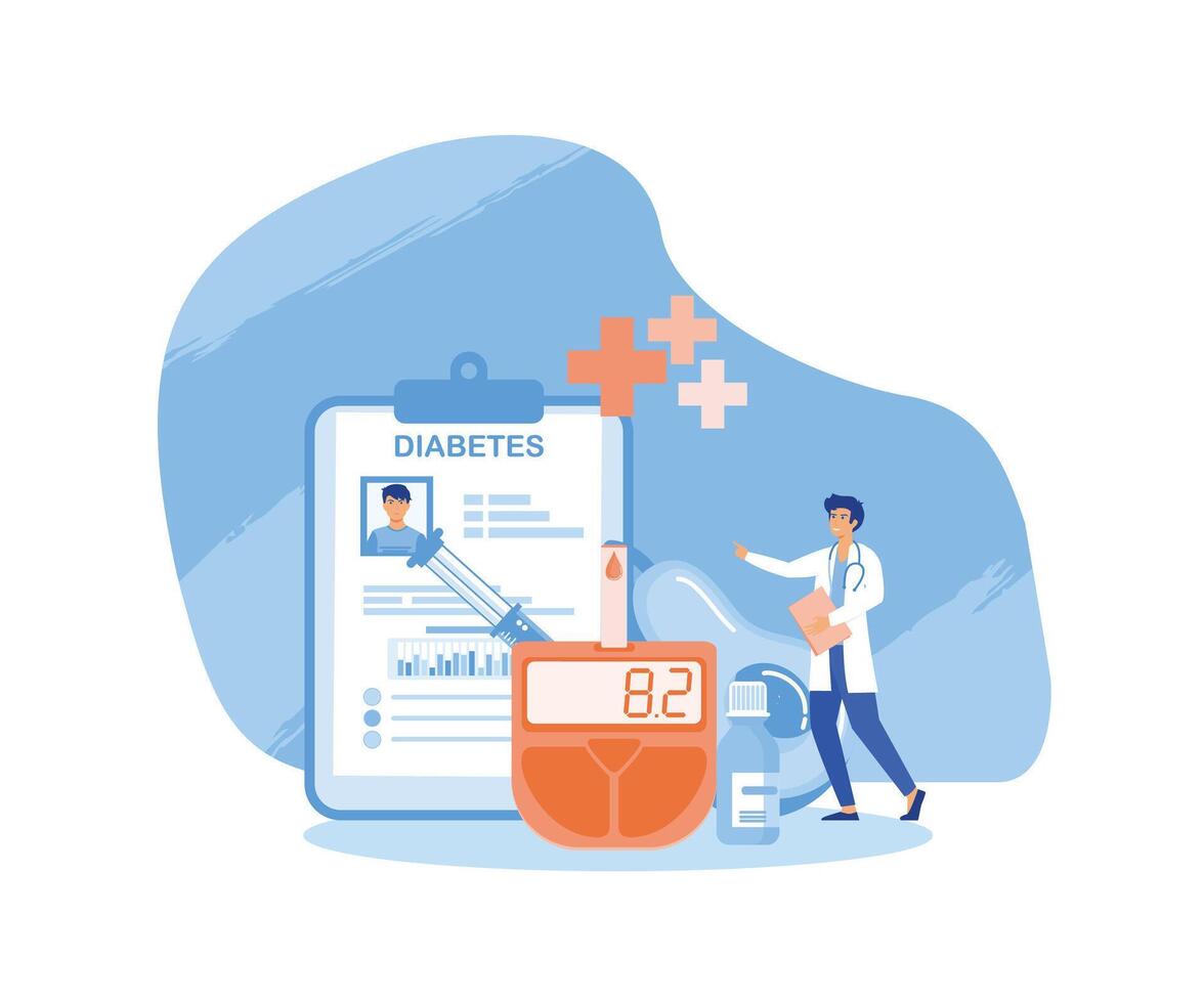 Diabetes control and healthcare concept. Doctor checking blood sugar level in an elderly man, using insulin pen. Doctor giving consultation for blood state control. flat modern illustration vector